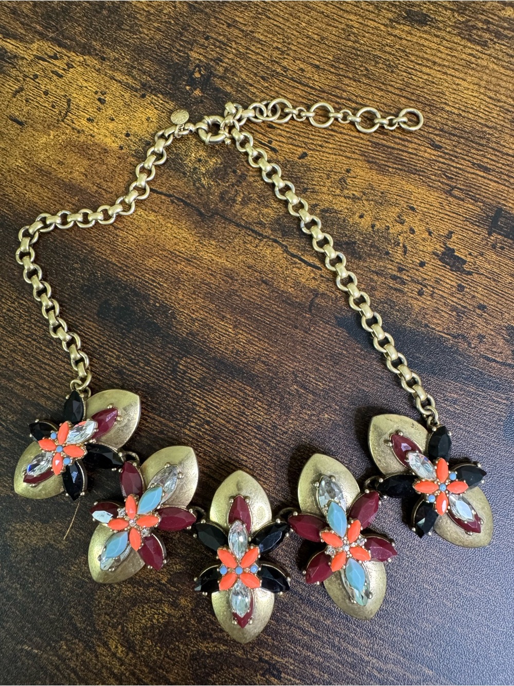 J. Crew Multicolor Geo Floral Deco Statement Bib Necklace in Antiqued Brass - Picture 4 of 7